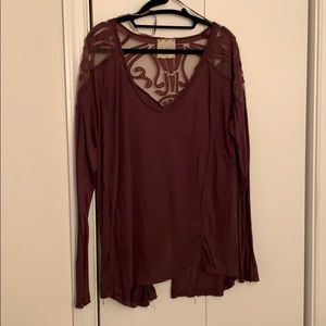 Long sleeve purple blouse with cutout/mesh detail